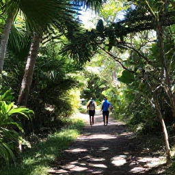 Caribbean Holidays, February Walking Holidays, Walkers exploring a peaceful tropical trail through Virgin Islands National Park on St John, with native trees and dappled sunlight