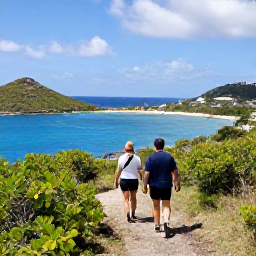 Caribbean Holidays, February Walking Holidays, Walkers exploring a scenic path above a Caribbean bay on Saint Martin, with green scrub, rocky coastline and sailboats