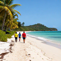 Caribbean Holidays, February Walking Holidays, Walkers following a coastal path beside a quiet beach in Tobago, with turquoise water, palm trees and distant green hills