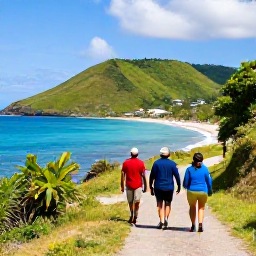 Caribbean Holidays, February Walking Holidays, Walkers following a coastal path beside turquoise sea and green hills on Tobago, with a relaxed Caribbean atmosphere