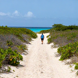 Caribbean Holidays, February Walking Holidays, Walkers following a quiet sandy track through low coastal vegetation towards the sea on Providenciales, Turks and Caicos Islands
