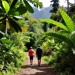 Caribbean Holidays, February Walking Holidays, Walkers following a well-marked trail through a Caribbean rainforest, with lush foliage, filtered sunlight and distant mountains
