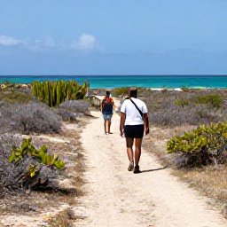 Caribbean Holidays, February Walking Holidays, Walkers on a dry coastal path in Bonaire, surrounded by native cacti, low scrub and clear Caribbean sea