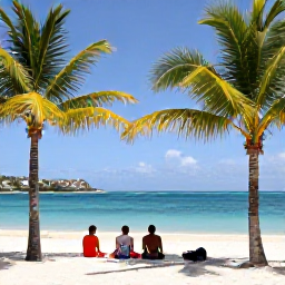 Caribbean Holidays, February Walking Holidays, Walkers resting at a quiet Caribbean beach on Saint Martin, with palm trees, white sand and calm turquoise water
