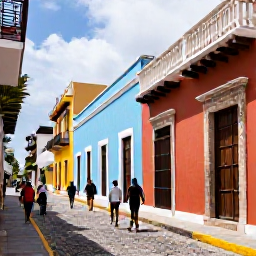 Caribbean Holidays, February Walking, Travellers walking along a cobbled street in colourful Old San Juan, Puerto Rico, beside historic Spanish colonial buildings