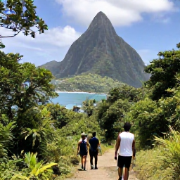 Caribbean Holidays, February Walking, Walkers climbing the forested Gros Piton trail in Saint Lucia, looking across the Caribbean from a mountain viewpoint