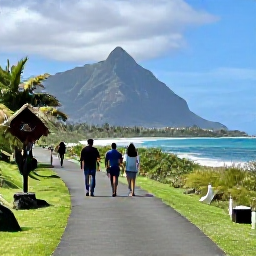 Caribbean Holidays, February Walking, Walkers exploring a peaceful coastal path on Nevis with Nevis Peak in the background and Caribbean vegetation