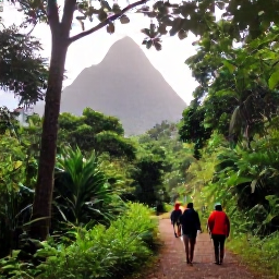 Caribbean Holidays, February Walking, Walkers following a rainforest path beneath tropical trees in Saint Lucia, with filtered sunlight and volcanic mountains in the distance