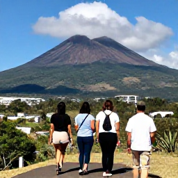 Caribbean Holidays, February Walking, Walkers looking across Montserrat towards Soufriere Hills volcano and the abandoned Plymouth area from a scenic viewpoint
