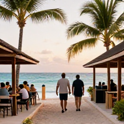 Caribbean Holidays, February Walking, Walkers relaxing at a Caribbean beach caf&eacute; after a day outdoors, with palms, turquoise water and warm February light