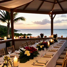 Caribbean Holidays, February Weddings, A beautifully presented Saint Barth&eacute;lemy wedding reception on a terrace, with tropical flowers, candles, local food and a sunset sea view