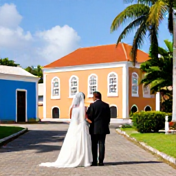 Caribbean Holidays, February Weddings, A bride and groom exploring historic Basseterre after their wedding, with colourful colonial buildings and tropical sunshine