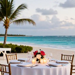 Caribbean Holidays, February Weddings, A candlelit wedding dinner on a beachfront terrace in Turks and Caicos, with tropical flowers, elegant table settings and the sea beyond