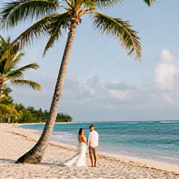 Caribbean Holidays, February Weddings, A couple exploring a palm-lined Dominican Republic beach after their wedding, clear blue water, warm February light and relaxed holiday atmosphere