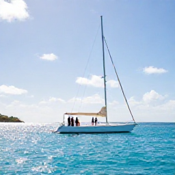 Caribbean Holidays, February Weddings, A couple sailing between green British Virgin Islands with a wedding party on a stylish boat, sparkling turquoise water and sunny February sky