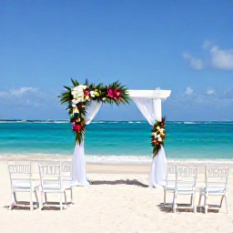 Caribbean Holidays, February Weddings, A decorated Dominican Republic beach wedding ceremony with white chairs, tropical flowers, turquoise water and a sunny February sky