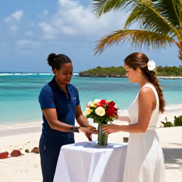 Caribbean Holidays, February Weddings, A friendly Aruba wedding planner arranging flowers and details for a small beach wedding, with tropical surroundings and blue sea