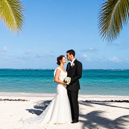 Caribbean Holidays, February Weddings, A happy wedding couple beside a turquoise Caribbean sea in the Dominican Republic, bright February sunshine, palm trees and an elegant beach setting