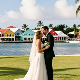 Caribbean Holidays, February Weddings, A happy wedding couple exploring Gustavia in Saint Barth&eacute;lemy, with colourful buildings, a harbour and palm trees in warm February sunshine