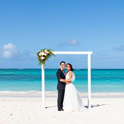 Caribbean Holidays, February Weddings, A happy wedding couple on a sunny Aruba beach in February, with soft white sand, turquoise sea and a simple floral arch