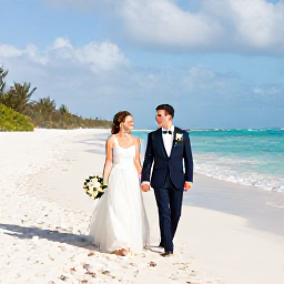 Caribbean Holidays, February Weddings, A happy wedding couple walking along a white sandy beach in Turks and Caicos beneath a bright February sky