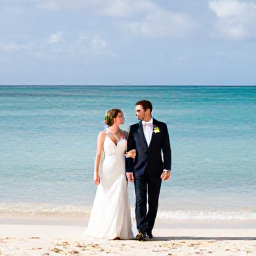 Caribbean Holidays, February Weddings, A happy wedding couple walking beside a calm turquoise sea on a sunny Barbados beach in February
