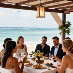 Caribbean Holidays, February Weddings, A happy wedding party enjoying a relaxed beachfront reception in Cura&ccedil;ao, with tropical dishes, lanterns and the Caribbean sea beyond
