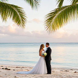 Caribbean Holidays, February Weddings, A joyful beach wedding in Trinidad and Tobago in February, with a bride and groom beside calm turquoise sea, palm trees and soft golden sunlight