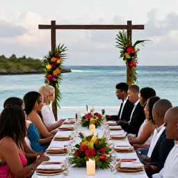 Caribbean Holidays, February Weddings, A joyful Caribbean wedding reception on an Antigua terrace overlooking the sea, with tropical flowers, candles and guests enjoying dinner