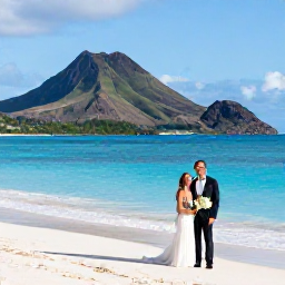 Caribbean Holidays, February Weddings, A newly married couple celebrating beside a quiet Caribbean beach in Montserrat, with volcanic hills and bright blue sea