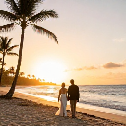 Caribbean Holidays, February Weddings, A newly married couple enjoying a peaceful sunset stroll along a Barbados beach with palm trees and gentle waves