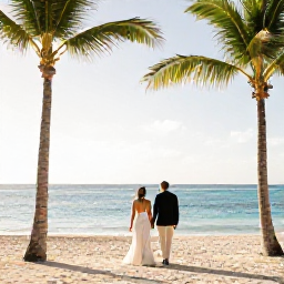 Caribbean Holidays, February Weddings, A newly married couple walking along a bright Dominican Republic beach in February, palm trees, calm turquoise sea and warm sunshine