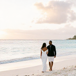 Caribbean Holidays, February Weddings, A newly married couple walking along a bright white beach in Antigua at sunset, with calm turquoise water and soft golden light