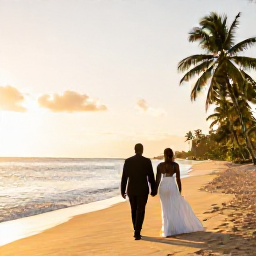 Caribbean Holidays, February Weddings, A newly married couple walking along a quiet golden beach on Saint Kitts at sunset, with calm Caribbean water and palm trees