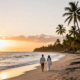 Caribbean Holidays, February Weddings, A newly married couple walking along a quiet tropical beach in Tobago at sunset, with gentle waves, palm trees and warm evening light