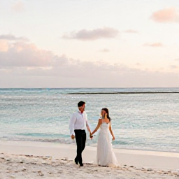 Caribbean Holidays, February Weddings, A newly married couple walking along a quiet white-sand beach in Turks and Caicos at sunset, with calm turquoise water and gentle February light