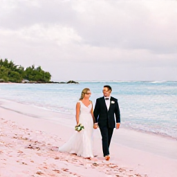 Caribbean Holidays, February Weddings, A newly married couple walking beside Bermuda's pink-sand beach in soft February sunshine