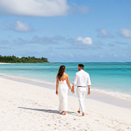 Caribbean Holidays, February Weddings, A newly married couple walking hand in hand along a quiet white sand beach in the British Virgin Islands, bright February sunshine and calm turquoise sea