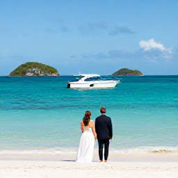 Caribbean Holidays, February Weddings, A newlywed couple exploring a peaceful Antigua beach and taking a boat trip across clear Caribbean water with small islands in the distance