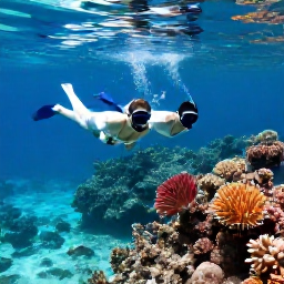Caribbean Holidays, February Weddings, A newlywed couple snorkelling over a colourful coral reef in clear Turks and Caicos water, with tropical fish nearby