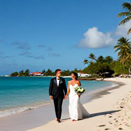 Caribbean Holidays, February Weddings, A newlywed couple walking along a bright Caribbean beach in Saint Barth&eacute;lemy in February, with turquoise water and elegant tropical scenery