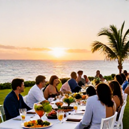 Caribbean Holidays, February Weddings, A relaxed Barbados wedding reception at sunset with tropical table decorations, local food and guests dining outdoors