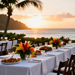 Caribbean Holidays, February Weddings, A relaxed wedding reception at sunset in Montserrat, with a long table, tropical flowers, local food and the Caribbean sea beyond