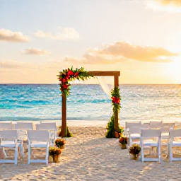 Caribbean Holidays, February Weddings, A romantic beach wedding ceremony on Cura&ccedil;ao with white chairs, tropical flowers, turquoise water and a golden late-afternoon sky