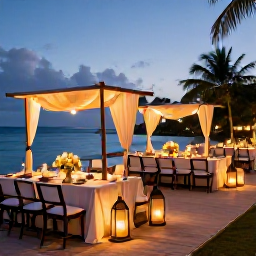 Caribbean Holidays, February Weddings, A romantic Caribbean wedding reception at dusk on Saint Kitts, with tables lit by lanterns and tropical scenery