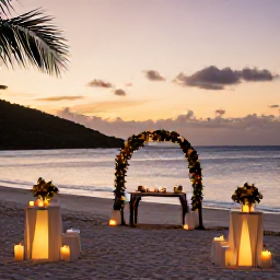 Caribbean Holidays, February Weddings, A romantic sunset wedding reception on a British Virgin Islands beach, small tables with candles, tropical flowers and the sea beyond