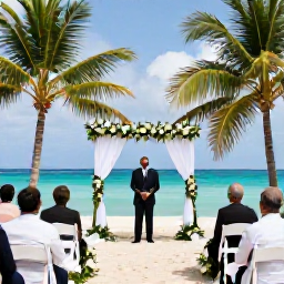 Caribbean Holidays, February Weddings, A romantic Trinidad and Tobago wedding ceremony beneath a simple white arch on a sandy beach, with tropical greenery and guests seated nearby