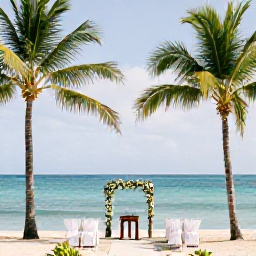 Caribbean Holidays, February Weddings, A sunny Puerto Rican beach wedding in February with palm trees, calm turquoise sea and a small elegant ceremony setup