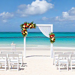 Caribbean Holidays, February Weddings, An elegant beach wedding ceremony on Grace Bay Beach, with white chairs, simple tropical flowers and turquoise sea in the background