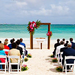 Caribbean Holidays, February Weddings, An elegant beachfront wedding ceremony in Antigua with white chairs, tropical flowers, turquoise sea and guests in smart summer clothing